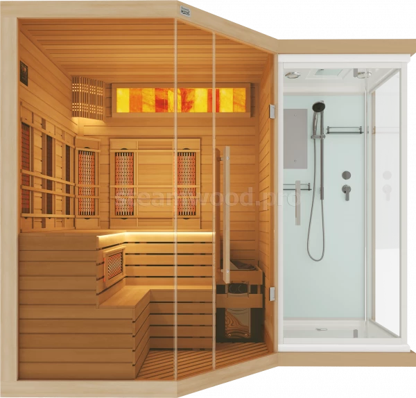 Трехместная угловая комбинированная сауна Luxury из кедра с Душевой кабиной