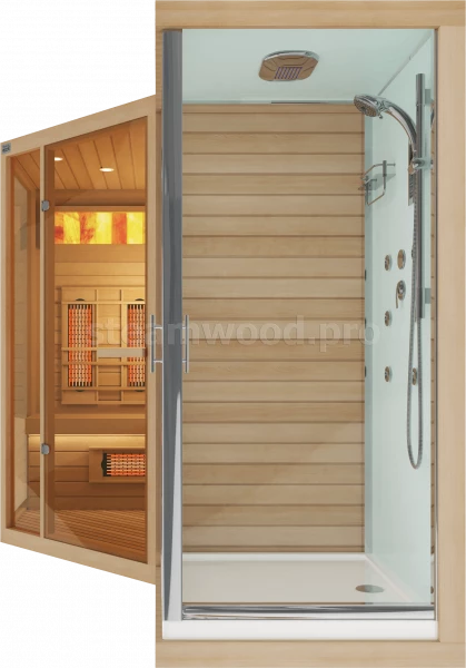 Четырехместная угловая инфракрасная сауна Comfort из кедра с керамическими излучателями с Душевой кабиной